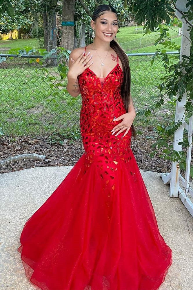Mermaid Tulle V-Neck Lace Up Beaded Party Prom Dress