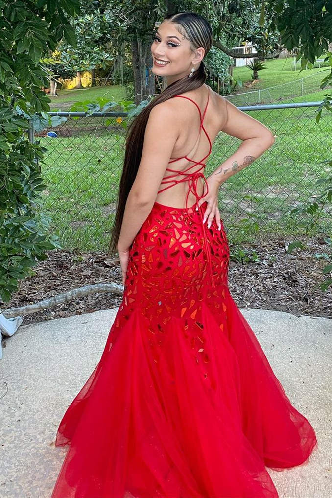 Mermaid Tulle V-Neck Lace Up Beaded Party Prom Dress