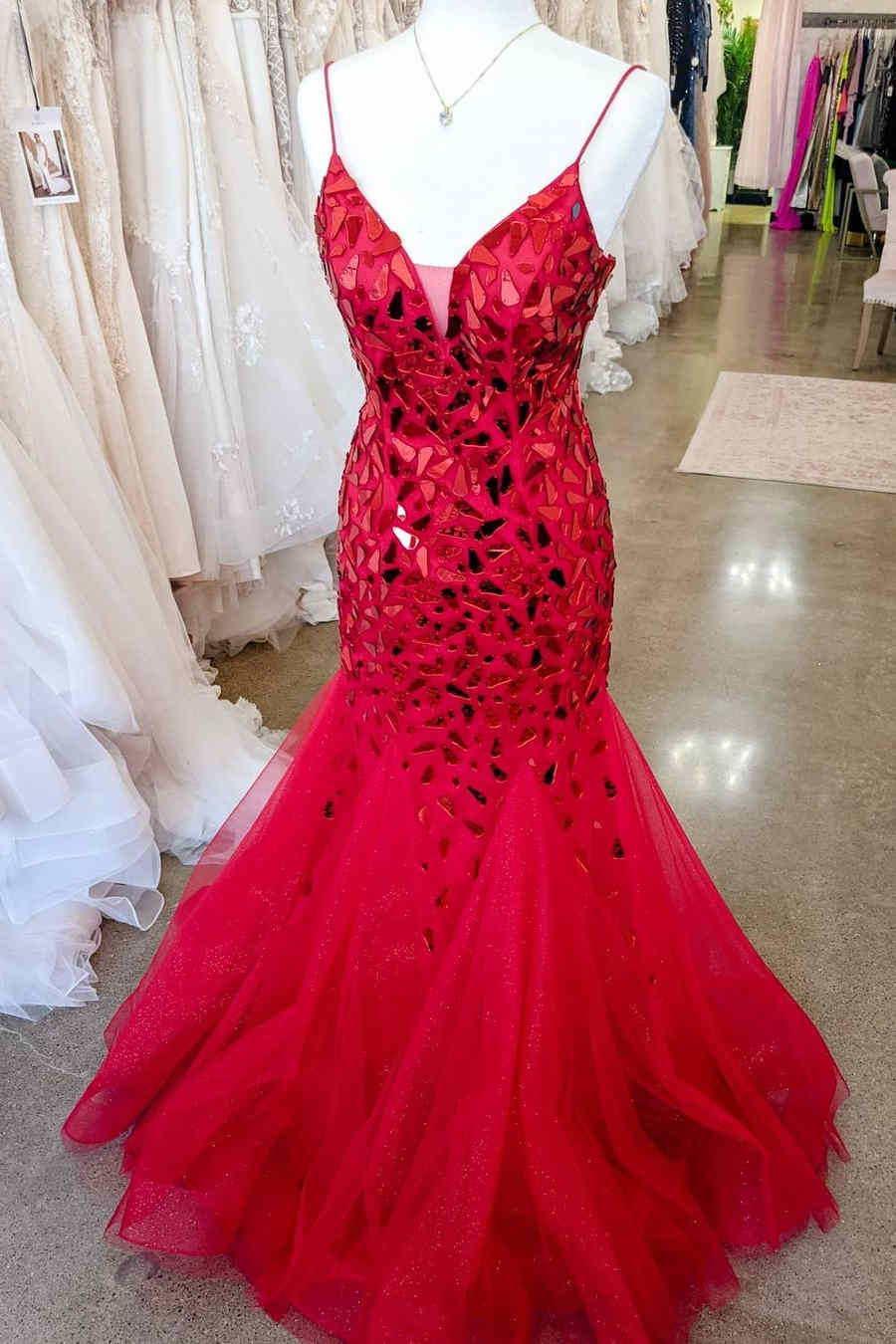 Mermaid Tulle V-Neck Lace Up Beaded Party Prom Dress