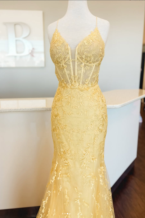 Mermaid V-Neck Spaghetti Straps Lace Appliques Party Prom Dress