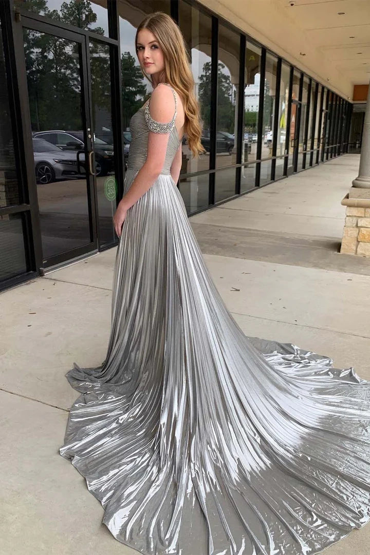 Metallic Satin A-Line Off-Shoulder Ruched Party Prom Dress
