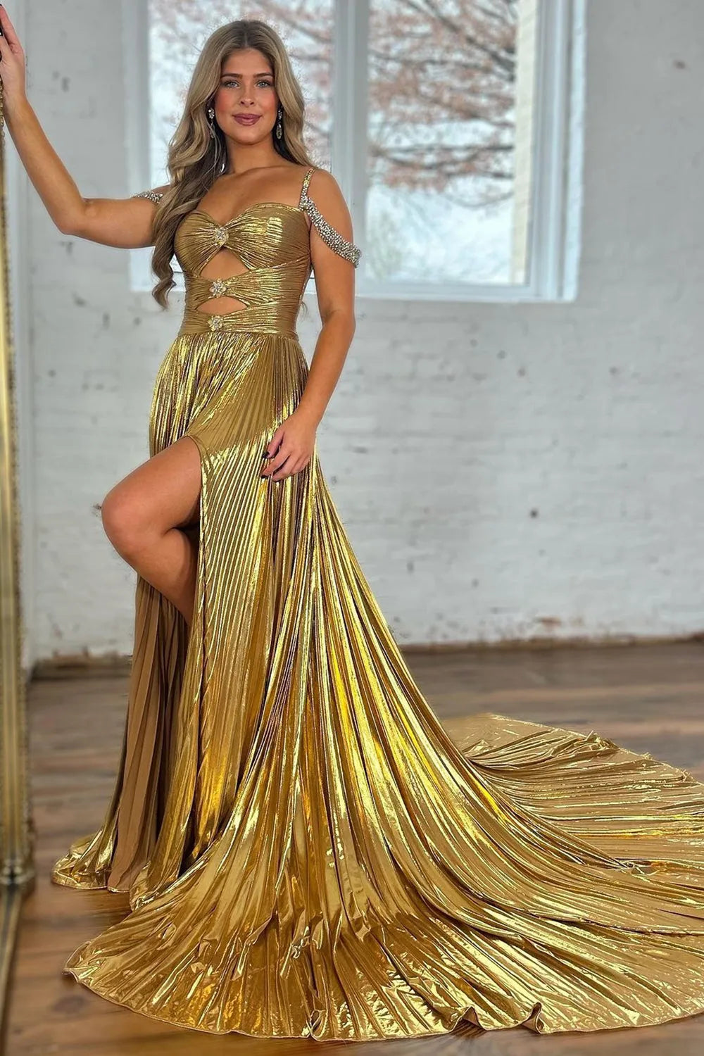 Metallic Satin A-Line Off-Shoulder Ruched Party Prom Dress