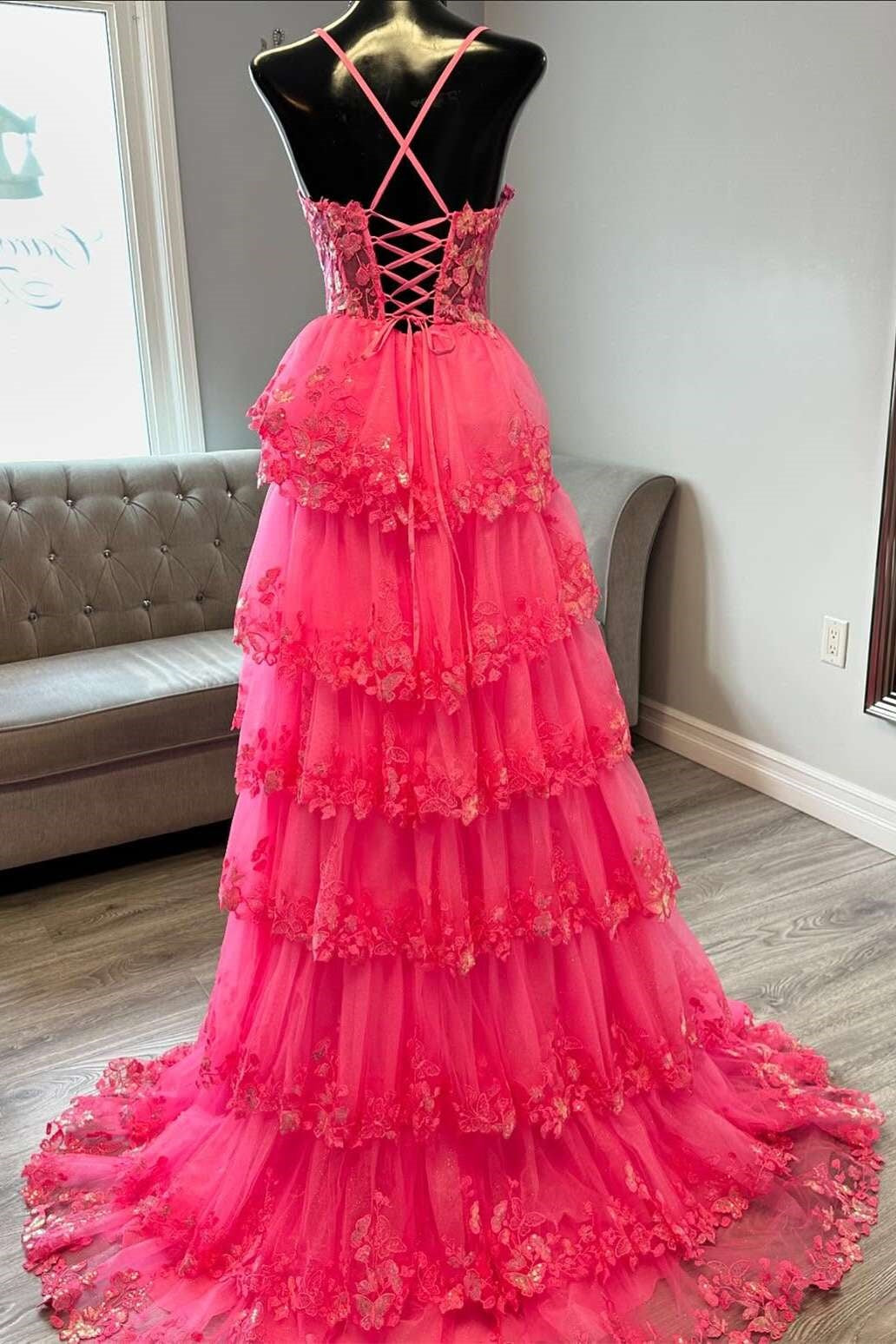 Modest Lace A-Line Spaghetti Straps Tiered Party Prom Dress