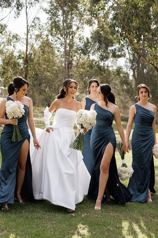 Modest One Shoulder Sleeveless Empire Ruched Bridesmaid Dress