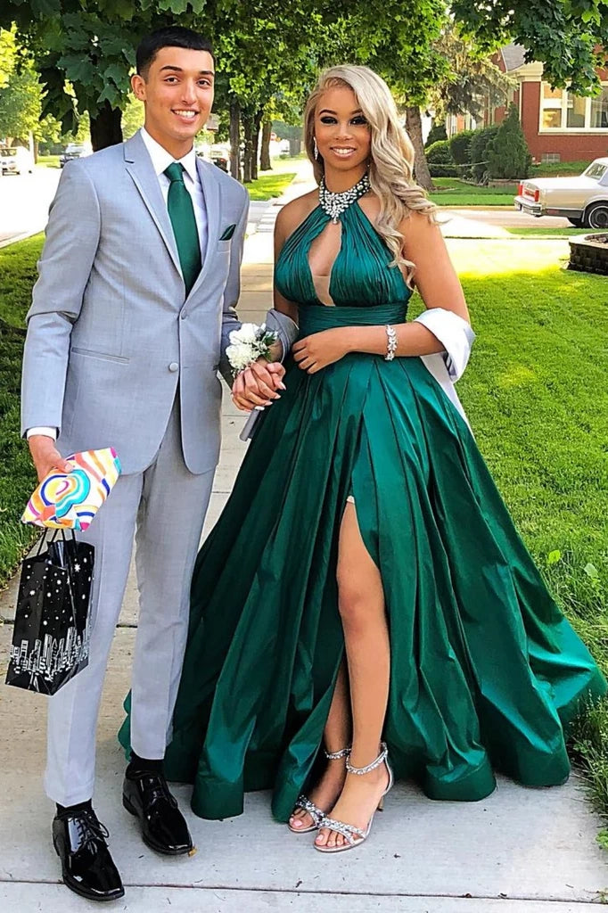 Modest Satin A-Line High Neck Empire Party Prom Dress With Slit