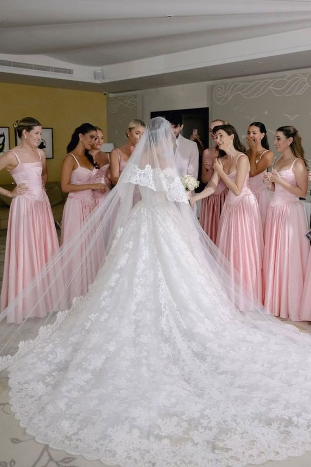 Modest Satin A-Line Spaghetti Straps Appliques Long Bridesmaid Dress