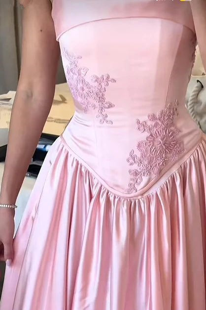 Modest Satin A-Line Spaghetti Straps Appliques Long Bridesmaid Dress