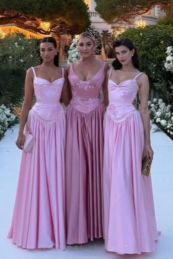 Modest Satin A-Line Spaghetti Straps Appliques Long Bridesmaid Dress