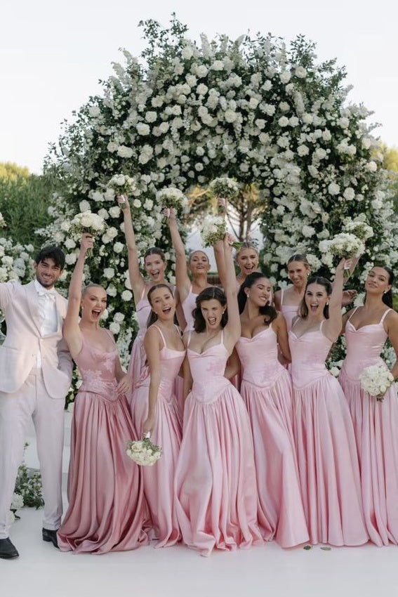 Modest Satin A-Line Spaghetti Straps Appliques Long Bridesmaid Dress Movousdress Modest Satin A-Line Spaghetti Straps Appliques Long Bridesmaid Dress Movousdress