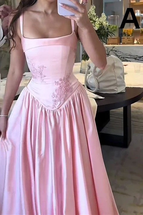 Modest Satin A-Line Spaghetti Straps Appliques Long Bridesmaid Dress