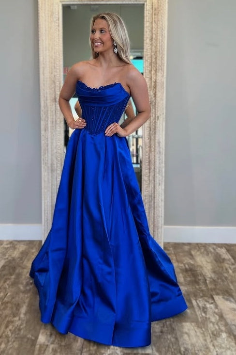 Modest Satin A-Line Strapless Empire Party Prom Dress With Pockets