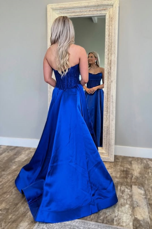 Modest Satin A-Line Strapless Empire Party Prom Dress With Pockets
