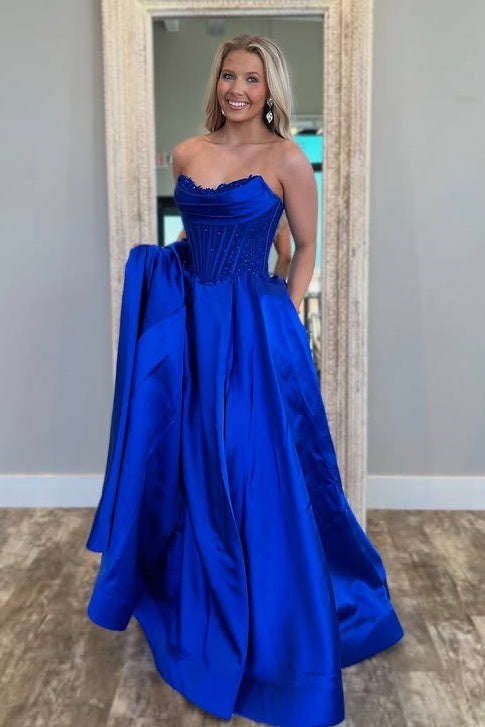 Modest Satin A-Line Strapless Empire Party Prom Dress With Pockets
