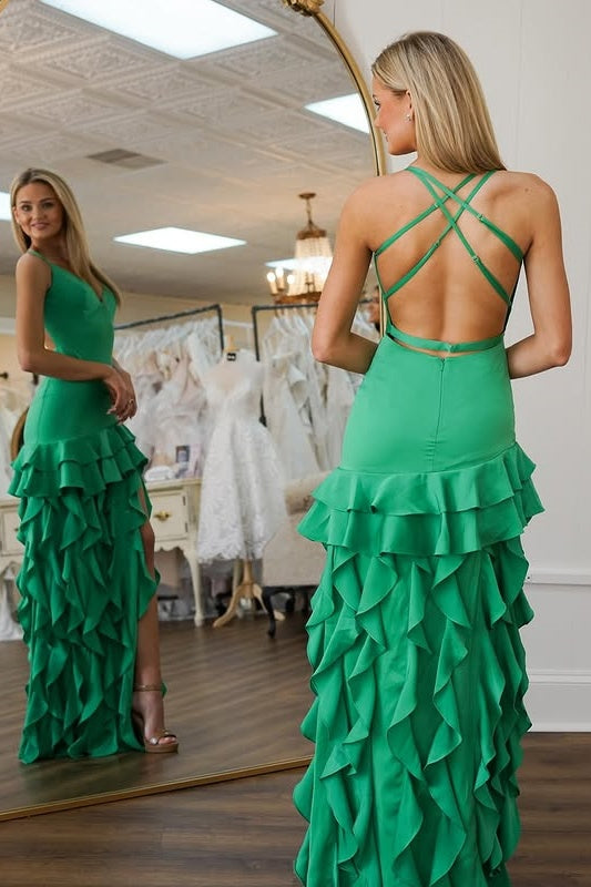 Modest Satin V-Neck Sleeveless Ruffled Party Prom Dress With Slit