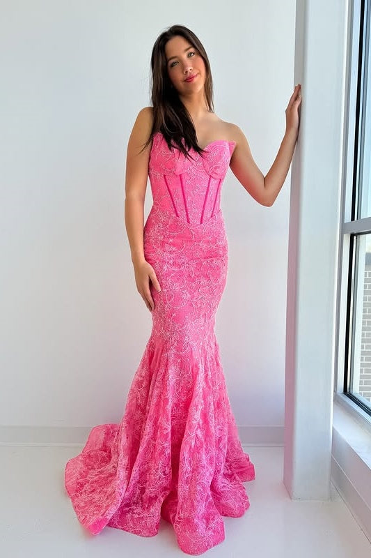 Modest Strapless Empire Lace Mermaid Party Prom Dress