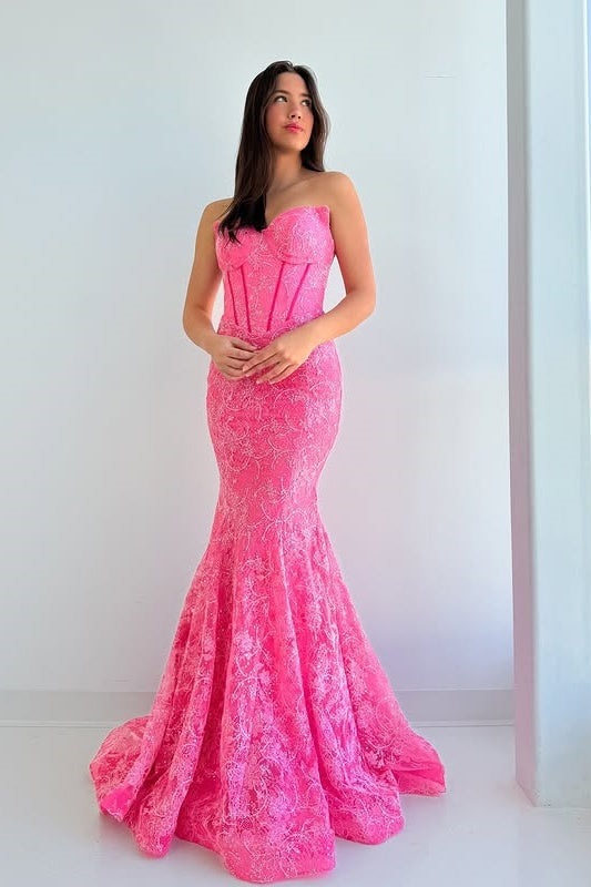 Modest Strapless Empire Lace Mermaid Party Prom Dress