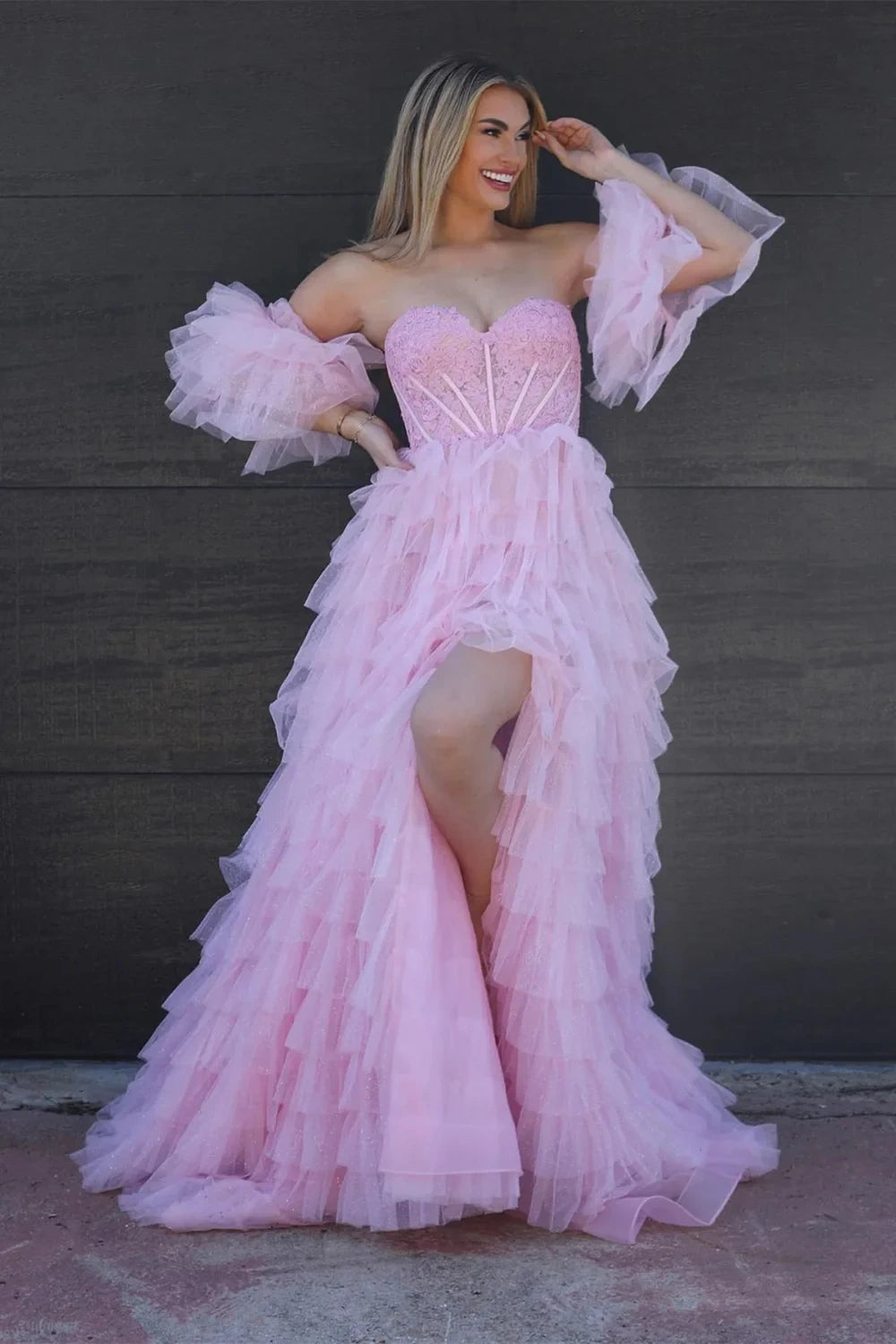 Modest Sweetheart Tulle A-Line Lace Appliques Tiered Party Prom Dress Movousdress Modest Sweetheart Tulle A-Line Lace Appliques Tiered Party Prom Dress Movousdress
