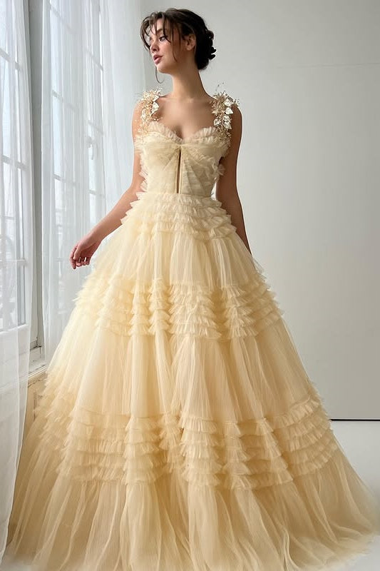 Modest Tulle A-Line Sweetheart Lace Up Tiered Party Prom Dress