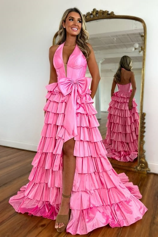 Modest V-Neck Halter Empire Tiered Satin A-Line Prom Dress