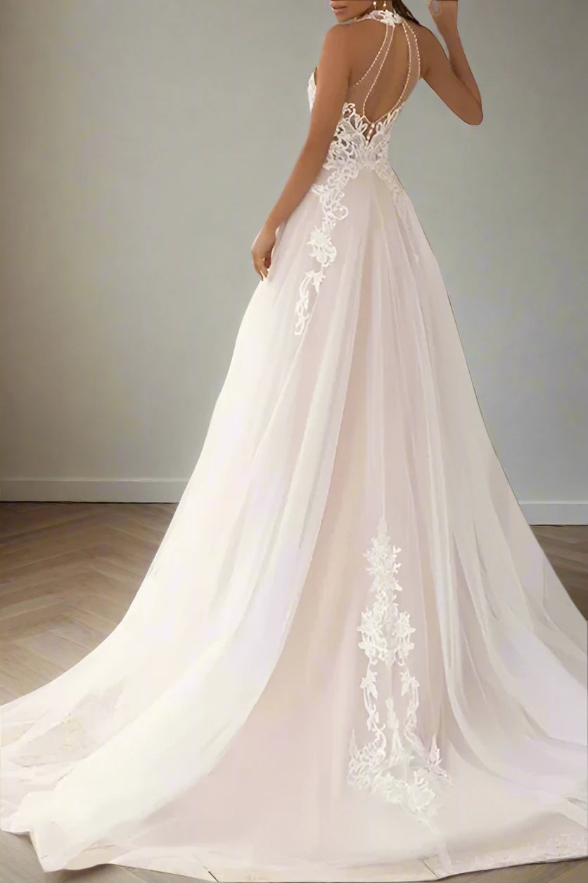 N-Neck Sleeveless Tulle A-Line Lace Appliques Wedding Dress