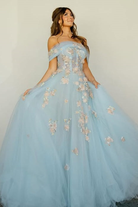 Off-Shoulder A-Line 3D Floral Appliques Tulle A-Line Party Prom Dress