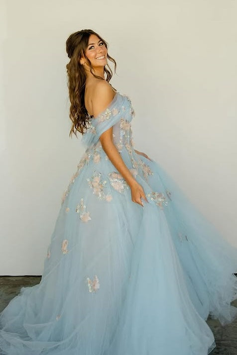 Off-Shoulder A-Line 3D Floral Appliques Tulle A-Line Party Prom Dress