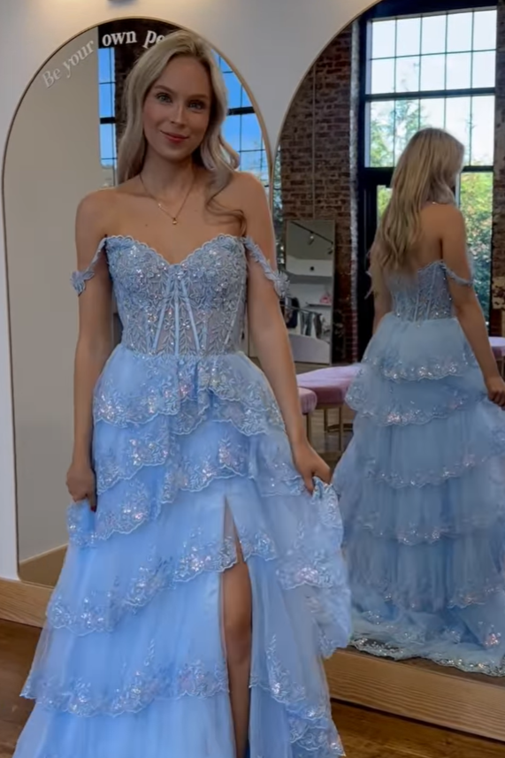 Off-Shoulder A-Line Tiered Empire Lace Party Prom Dress