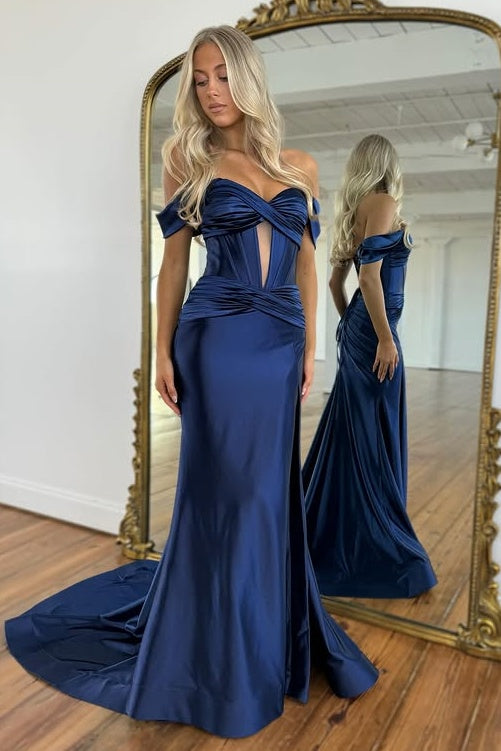 Off-Shoulder Empire Satin Mermaid Party Prom Dress With Train