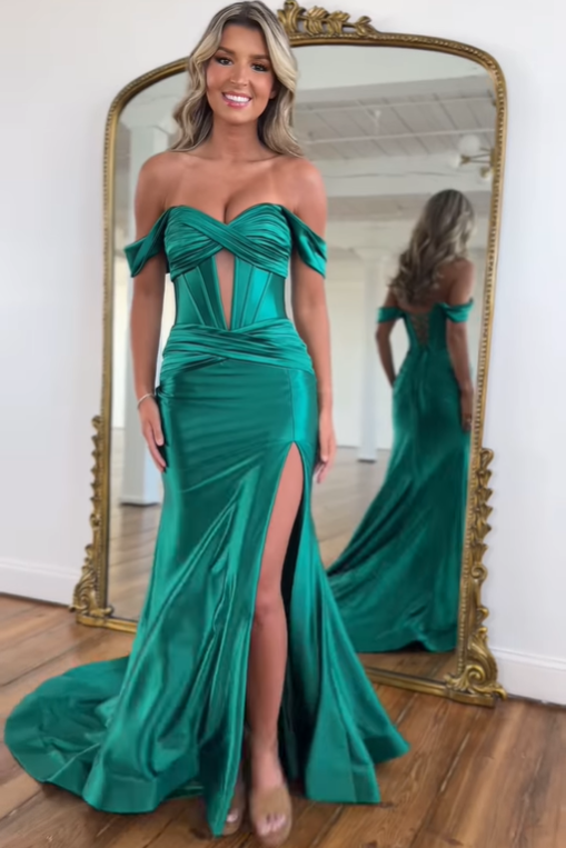 Off-Shoulder Empire Satin Mermaid Party Prom Dress With Train