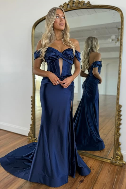 Off-Shoulder Empire Satin Mermaid Party Prom Dress With Train