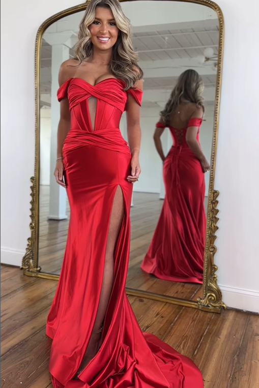 Off-Shoulder Empire Satin Mermaid Party Prom Dress With Train