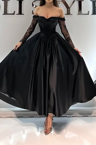 Off-Shoulder Long Sleeves Satin A-Line Party Prom Dress