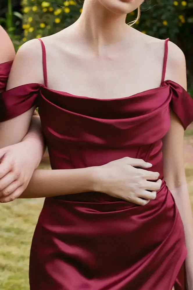 Off-Shoulder Satin Fitted Bridesmaid Dress With Slit