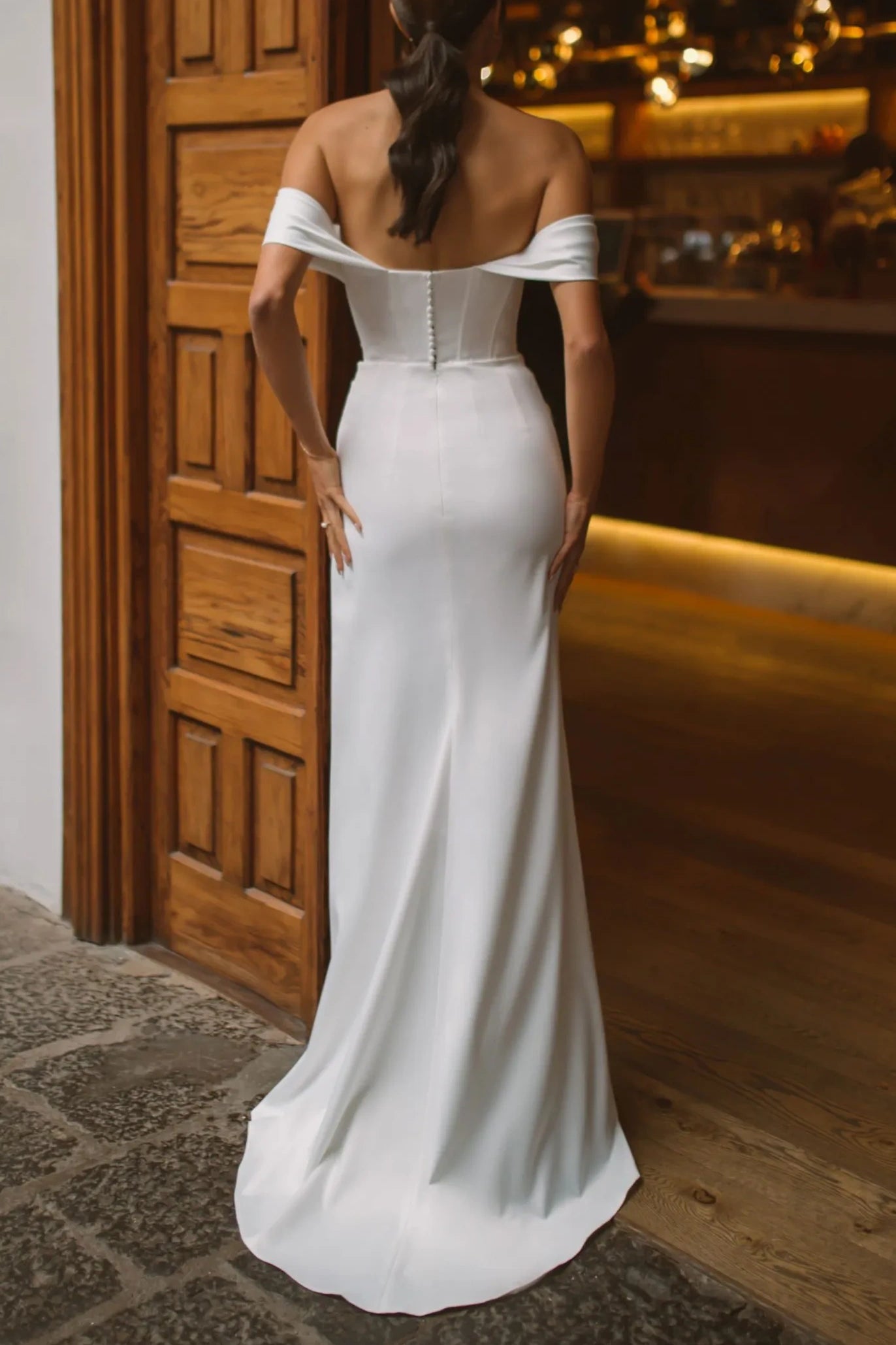 Off-Shoulder Satin Fitted Ruched With Train Long Wedding Dress