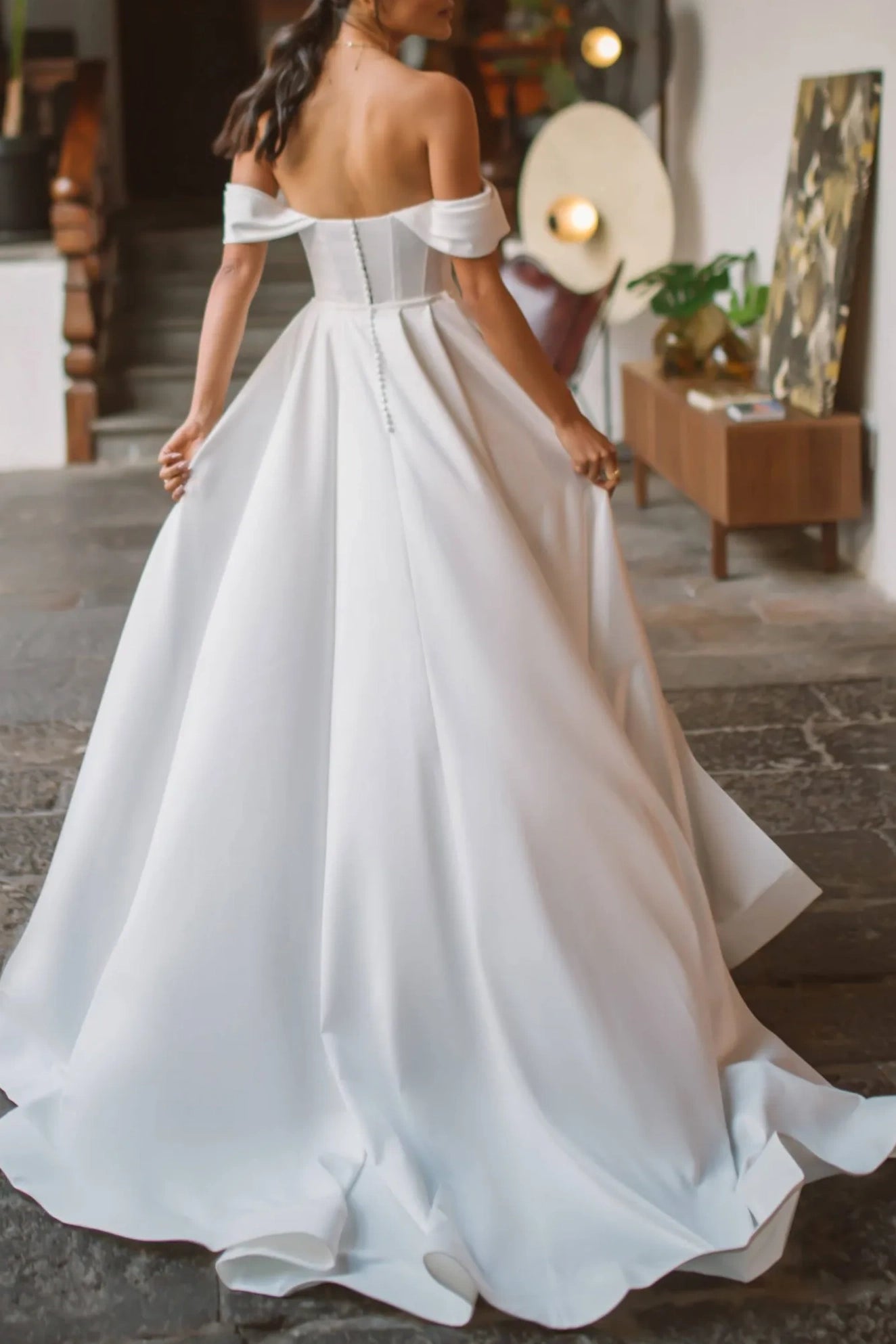 Off-Shoulder Satin Fitted Ruched With Train Long Wedding Dress
