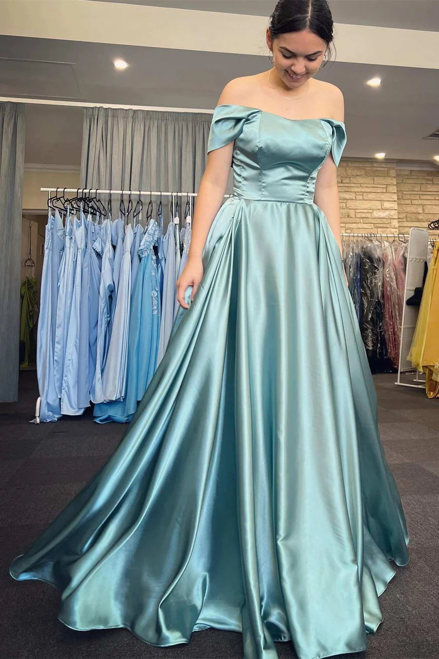 Off-Shoulder Sleeveless Empire Satin A-Line Prom Dress Movousdress Off-Shoulder Sleeveless Empire Satin A-Line Prom Dress Movousdress