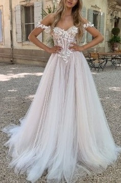 Off-Shoulder Tulle A-Line Appliques Sheer Wedding Dress
