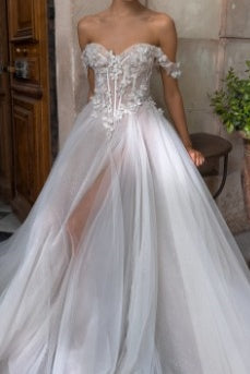 Off-Shoulder Tulle A-Line Appliques Sheer Wedding Dress