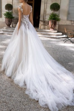 Off-Shoulder Tulle A-Line Appliques Sheer Wedding Dress