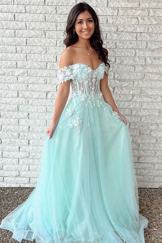 Off-Shoulder Tulle A-Line Florals Appliques Formal Prom Dress