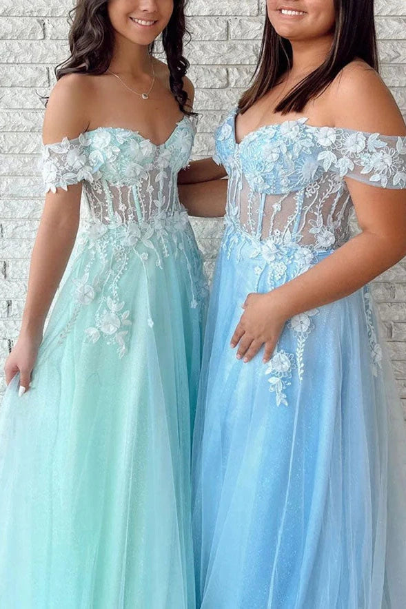 Off-Shoulder Tulle A-Line Florals Appliques Formal Prom Dress