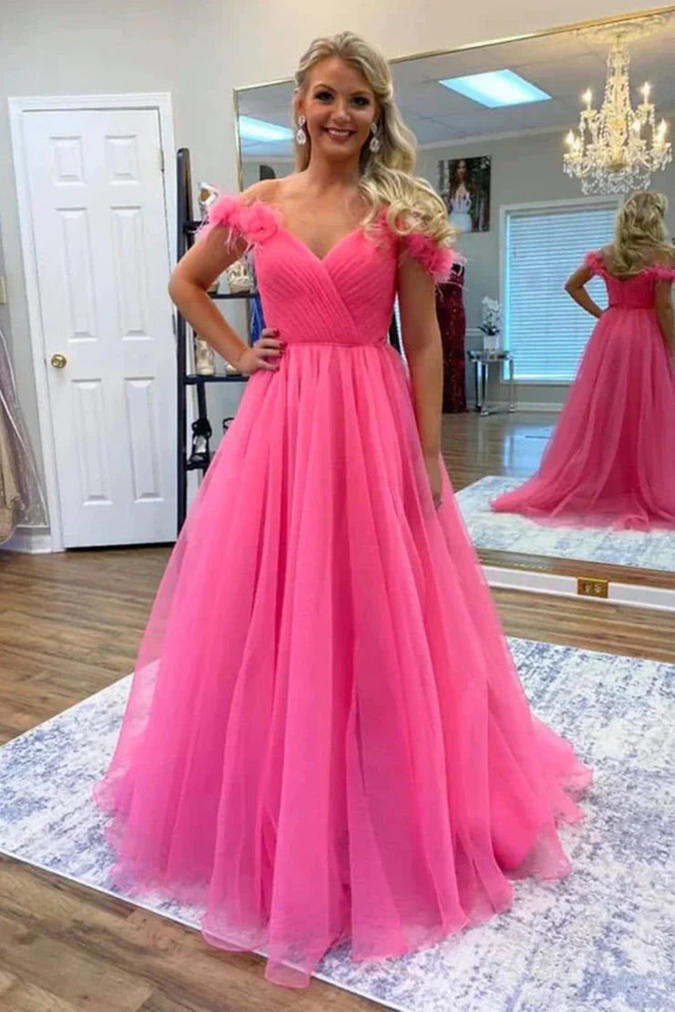Off-Shoulder Tulle A-Line Long Party Prom Dress