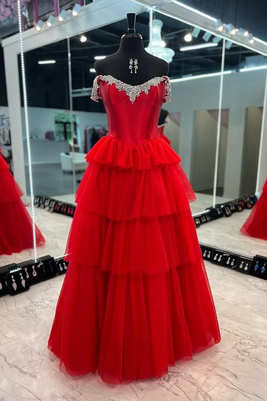 Off-Shoulder Tulle A-Line Tiered Beaded Party Prom Dress