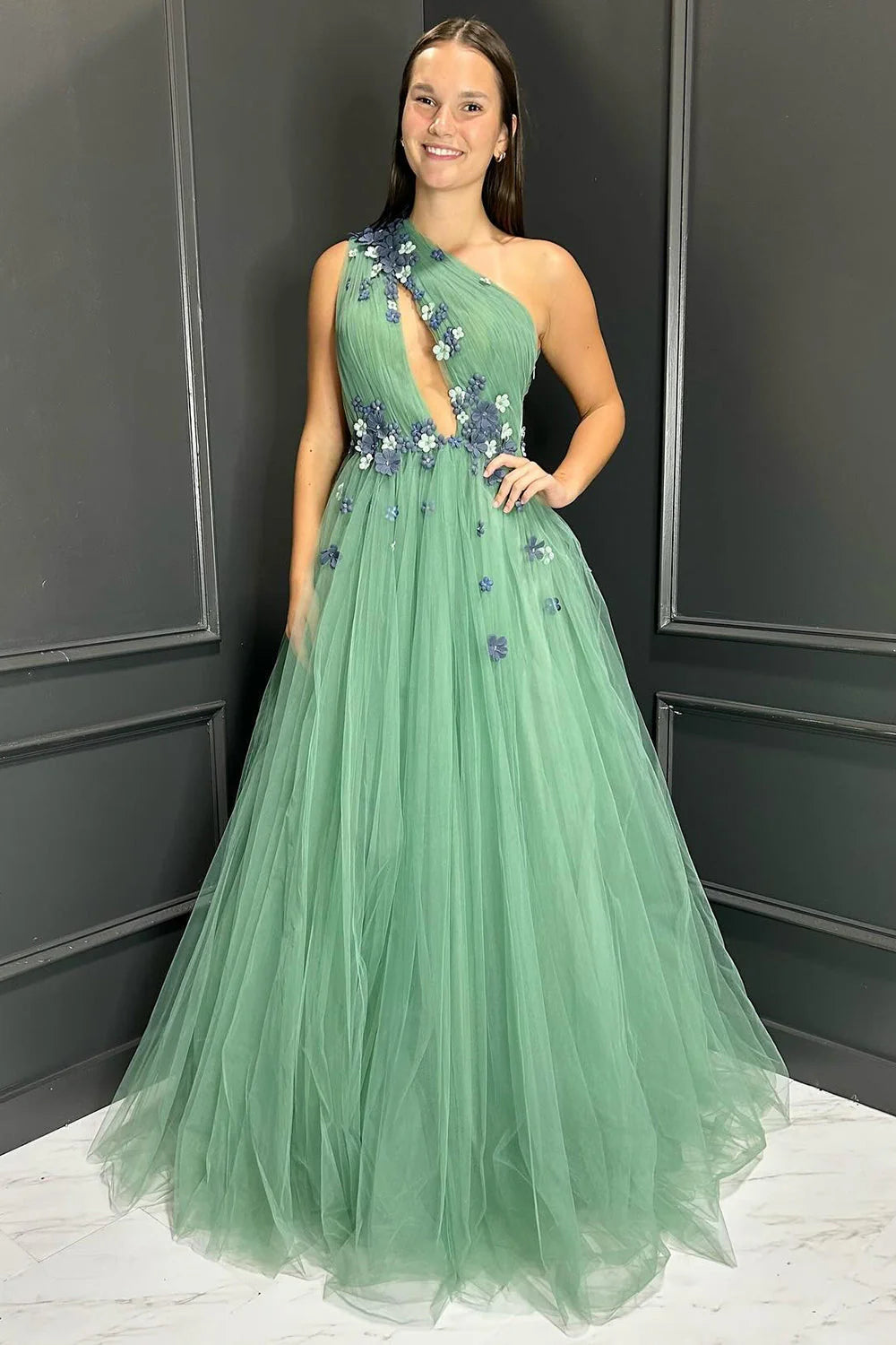 One Shoulder Florals Appliques Tulle A-Line Party Prom Dress