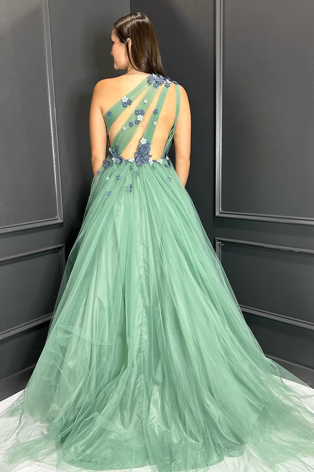 One Shoulder Florals Appliques Tulle A-Line Party Prom Dress