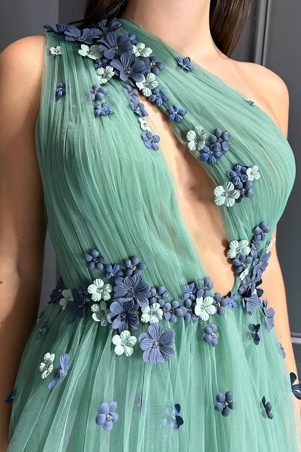 One Shoulder Florals Appliques Tulle A-Line Party Prom Dress
