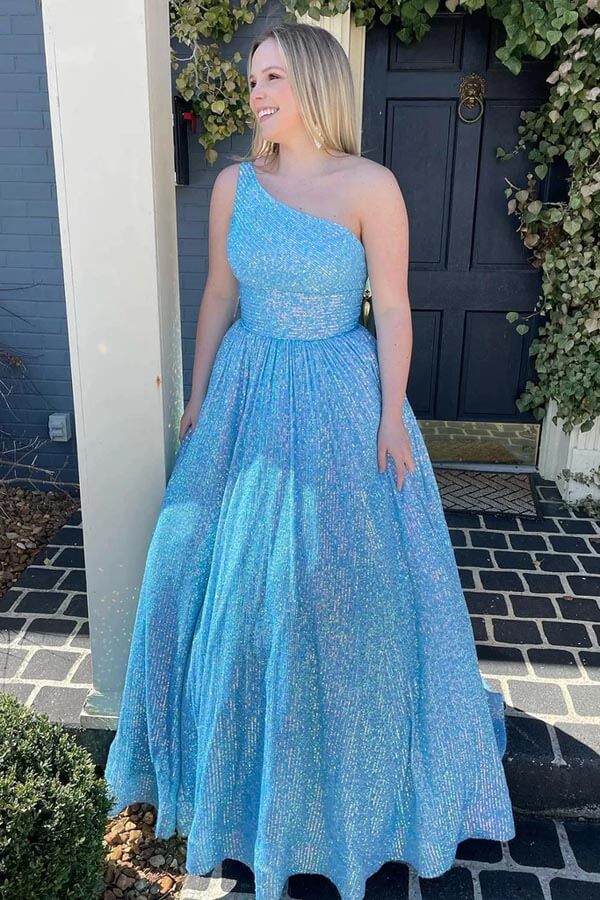 One Shoulder Sleeveless A-Line Empire Sparkly Party Prom Dress