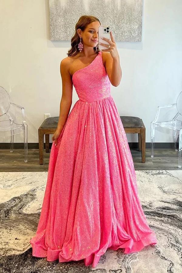 One Shoulder Sleeveless A-Line Empire Sparkly Party Prom Dress