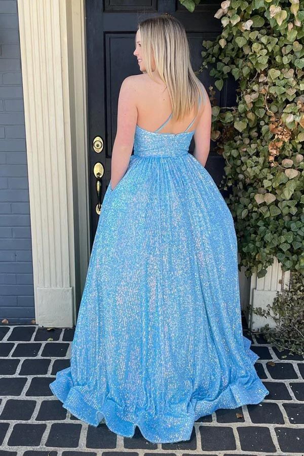 One Shoulder Sleeveless A-Line Empire Sparkly Party Prom Dress