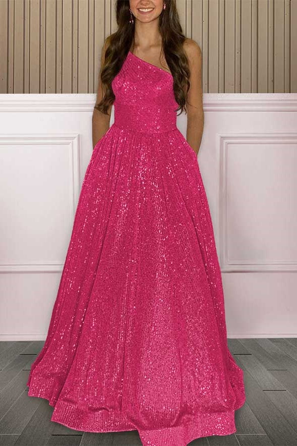One Shoulder Sleeveless A-Line Prom Dress Fully Sequins